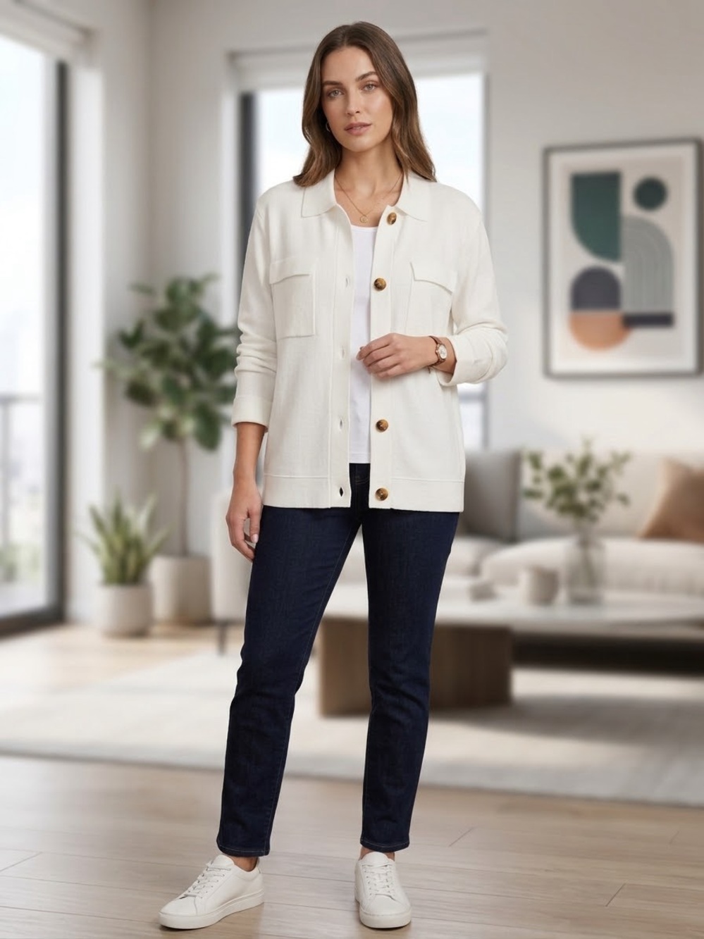 Women's Cream Button-Front Blazer Jacket with Patch Pockets